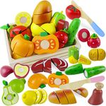 Beberolen Wooden Play Food Set for Kids Kitchen Accessories Pretend Play Montessori Toys Toddlers Educational Gifts for 2 3 4 5 Year Old Boys Girls Fruits Vegetables Cutting Toys