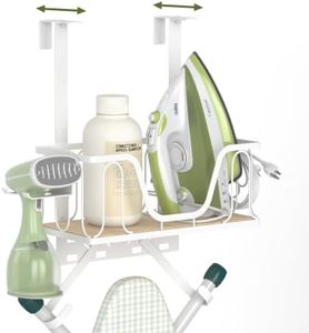 Ironing Board Hanger, CUFURNIX Wall-Mount & Over-Door Iron Holder, Adjustable for Door Thickness, Fits T&Y Shaped Legs, High-Sided Basket & Side Hooks for Laundry, Sewing Room, White