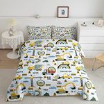 Erosebridal Kids Cartoon Car Comforter Twin Construction Trucks Toddler Boys Bedding Set Equipment Excavator Cranes Tractor Rainbow Clouds Quilt Duvet Insert Yellow Blue Children Room Decor 2 Pcs