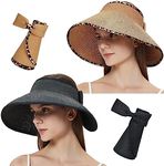 MAYLISACC 2 Pack Foldable Wide Brim Bow Visor for Women, UPF50+ Adjustable Ladies Beach Straw Sun Hats for Ponytail Black & Leopard Trim