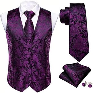 Barry.Wang Mens Paisley Waistcoat Flower Jacquard Silk V-neck Suit Vest and Tie Pocket Square Cufflinks for Wedding Tuxedo Prom, Purple Black Flower, X-Large