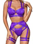 Kaei&Shi Garter Belt Thong Lingerie for Women,Strappy Hollow Out Underwire Racerback Sexy Lingerie,Harness Garter Leg Strap Matching 4 Piece Lingerie Set Plus Size Boudoir Dark Purple Large