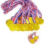 BoAn 36 Pieces Gold Plastic Winner Award Medals, Birthday Present for Kids, White and Blue Ribbon for Games Competitions, Sports, Tournaments, Competitions and Party Decorations, 1.4 x 1.7 Inches