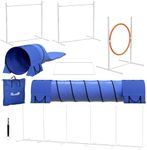 PawHut 7 Piece Dog Agility Training Equipment, Dog Obstacle Course Starter Kit with Tunnels, Weave Poles, Adjustable Hurdles, Jumping Ring, Pause Box, Whistle, Blue