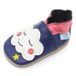 Dotty Fish Soft Leather Baby Shoes. Toddler Shoes. Girls. Non Slip Suede Soles. Ink Blue Shoe with Sleepy Cloud. 12-18 Months (5 UK Child)