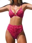 CUPSHE Bikini Set for Women Bathing Suit High Waisted Scalloped V Neck Two Pieces Swimsuit, Fuchsia Red, Large