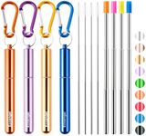 4 Pack Portable Reusable Metal Straw Collapsible Stainless Steel Drinking Straw Telescopic Straw to Drink Water Smoothie with Aluminum Key-chain Case & Cleaning Brush (Gold & purple & orange & blue)