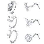 AceFun 20G Nose Rings Piercing Curved L-Shaped Screw Nose Studs 0.8MM Nose Bar Nostril Piercing Diamond Cubic Zirconia Piercing Cake Cup Butterfly Silver Heart Star Flower Moon Crown 7MM