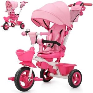 EOOWOY Toddler Tricycle with Push Handle, 7 in 1 Stroller Trike with 360° Swivel Seat, Reclining Backrest, All-Terrain Wheels, Dual Brakes, Canopy & Storage, Gift for Kids 18 Months to 5 Years, Pink