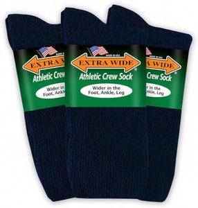 Extra Wide Athletic Crew Length Socks - Exceptional Stretch and Comfort Fit, Wide Foot, Ankle & Calf - 3 Pack, Fits Up to 6E Width, Non-binding - Made in USA - Navy, X-Large