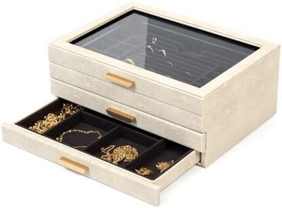 Large 3 Tier Jewelry Box, Storage Case Organizer for Women Girls Wife, Glass Lid for Earrings Bracelets Rings Necklaces, Shagreen Vegan Leather, Velvet Lined Jewelry Box, Brass Hardware