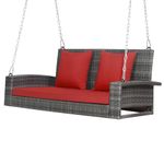 DORTALA Hanging Porch Swing, 2-Person Outdoor Wicker Swing Chair Bench with Cushions, Steel Chains for Garden, Backyard, Deck & Poolside, Mix Grey+Red