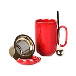 Vicrays Ceramic Tea Mug Infuser - Large Cup 16 oz Hot Loose Steeping Handle Teacup with Leaf Infuser Spoon Lid - Tall Glazed Strainer Coffee Mug Microwave Safe - Red