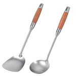 TsunNee 2PCS Stainless Steel Kitchen Utensil Set, 304 Stainless Steel Wok Spatula and Soup Ladle Set with Long Heat Resistant Wood Handle