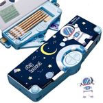 Arsenio New Kids Compass Multifunctional Space Theme Pencil Box Cartoon Pattern Stationery Set with Pop Out Scissors and Pencil Sharpener Magnetic Pencil Box for Boys Girls (Multi)