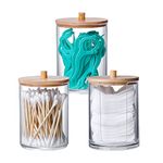 INCETUE 3PCS Cotton Pad Holder with Bamboo Lid for Bathroom Storage, Acrylic Cotton Swab Dispenser, Clear Round Cotton Wool Bud Jar for Vanity, Small Qtip Container, Makeup Organiser Set