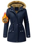 UMIPUBO Women's Coats Winter Parka Coat Warm Waterproof Jacket Fleece Lined Faux Fur Hooded Coat Long Sleeve Overcoats Zip Up Windproof Thick Trench Coats Outerwear (Navy, L)