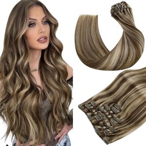Hetto Extension Clip Cheveux Naturel 35cm Extension a Clip Cheveux Marron Extension Cheveux Clip Remy Hair Brun Foncé avec Blond Caramel 7 Pièces/120g #P4/27