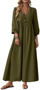 Celmia Cotton Dress for Women Summer Boho Puff Sleeve Linen Maxi Dress Army Green Medium
