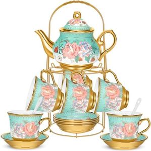 Gandeer 20 Pieces Porcelain Tea Set for Adults with Metal Holder European Ceramic Tea Set Cup Saucer Gold Plated Ceramic Tea Set Vintage Flower Tea Party Set for Women, Serving 6 People (Modern)