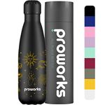 Proworks Performance Stainless Steel Sports Water Bottle | Double Insulated Vacuum Flask for 12 Hours Hot & 24 Hours Cold Drinks for Home, Work, Gym & Travel BPA Free - 500ml - All Black - Celestial