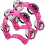 Cheerock Pack of 2 Plastic Percussion Handheld Tambourines with 4 Jingle Bells, Pink Mini Hand Bell Percussion, Musical Rhythm Instruments for Kids, Adults, School and Party