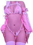 MOEFLAVOR Danger Cyber Cat Bikini with Sleeves Cosplay Costume | Sexy Kawaii Anime Lingerie (Pink & White, 3XL/4XL)