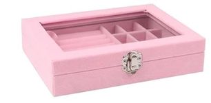 BucketList Women's Velvet Glass Ring Earrings Jewelry Box - Display Storage Showcase Holder Organizer (Small 9 Grid 9 Rows-Pink)