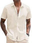 Coofandy Men's Linen Casual Short Sleeve Shirts Button Down Summer Beach Shirt, Light Khaki, Large