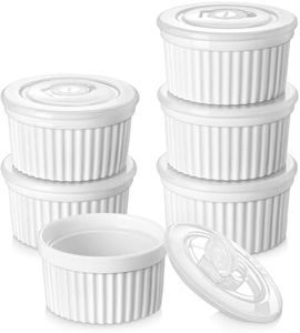 vancasso 8 oz Ramekins with Lid, Porcelain Creme Brulee Souffle Dishes, White Pudding Custard Cups Ramiken for Baking, Dishwasher and Oven Safe, Set of 6