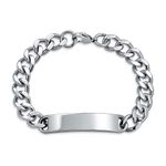 Bling Jewelry Identification Name Plated Curb Cuban Link Chain ID Bracelet for Men Personalized Name Engraved Silver Tone Stainless Steel 8.5 Inch