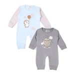 Kidbea 100% Organic Cotton Rompers | Sleepsuits | Jumpsuit | Nightsuit for New-Born Baby Girls & Boys infants & Toddler, Color Blue Penguin & Grey Lion Printed Combo Of 2 Size 3-6M