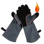 OZERO Leather Welding Gloves,932°F Heat Resistant Grill Gloves,Durable Cowhide Weld gloves,Long Sleeve Fireplace Welding Gloves for Wood Stove/Animal handling/Cooking/Grilling Black-Gray(16inches)