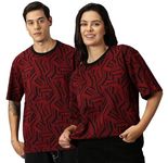 RodZen Couple Men's & Women's Pure Cotton Oversized Abstract Printed T-Shirts (Pack of 2) (Men-XL, Women-2XL; Maroon)