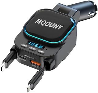 MQOUNY Retractable Car Charger,4 in 1 Fast Car Phone Charger 96W,2 Retractable Cables with Bluetooth 5.3 FM Transmitter Hands-Free Calling,Gift for Men Women, Car Accessories USBC Car Charger Adapter