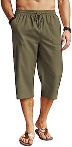 COOFANDY Men's Linen Capri Pants Casual Lightweight 3/4 Baggy Pants Drawstring Elastic Waist Beach Yoga Pants with Pockets, Army Green, Large