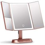 Fancii Large Makeup Mirror with Natural LED Lights, Lighted Trifold Vanity Mirror with 5x & 7x Magnifications - Dimmable Lights, Touch Screen, Cosmetic Stand - Sora (Rose Gold)