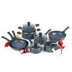 Russell Hobbs COMBO-4836A Pots and Pans Set – 9-Piece Cookware Pan Set for Induction Hobs, Non-Stick Frying Pans, Saucepans, Stockpots, Stay Cool Handles, Blue Marble Cooking Set, Nightfall Stone