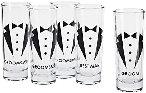 BLUE PANDA Set of 5 Groomsmen Shot Glasses with Tuxedos for Bachelor Party Decorations and Favors or Groomsmen Gifts, Wedding Shot Glasses, Heavy Base for Tequila, Whiskey, Vodka (2 oz Each)