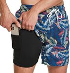 frueo Men's Swim Trunks,2 in 1 Quick Dry Beach Short Sun Protection Swim Shorts Swimming Board Shorts Swimwear Bathing Suits with Compression Liner and Zipper Pocket (1215)-YellowGrayRedLeaf-XL