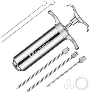 JY COOKMENT Meat Injector Syringe 2-oz Marinade Flavor Barrel 304 Stainless Steel with 3 Professional Needles 2 Cleaning Brushes and 4 Silicone O-Rings