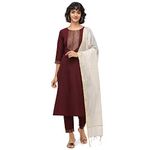 NAINVISH Women's Cotton Blend A-Line Embellished Kurti Pant with Dupatta (SD096-S_Maroon)