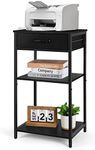 Printer Table with Storage Drawer 3 Tier Small Side Table with Storage Shelf Multi-Functional Printer Stand with Wood Board and Metal Frame for Home Office Fax Machine Scanner, Black