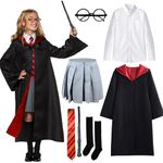 BIQIQI Wizard Cloak Magic Robe Costume Girls, 7PCS Wizard Costume Magic School Uniform with Wizard Cape Socks Wand Tie Glasses Frame, Wizard Fancy Dress Wizard Outfit for Halloween Carnival Party