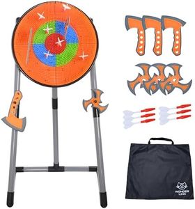 WonderLinx 3 in 1 Throwing Game Toy Set - Dart & Axe Throwing Game with Bristle Target Dartboard, 3 Throwing Axes, 3 Ninja Stars, 6 Darts, Travel Bag, Lightweight Stand Indoor & Outdoor Game for Kids