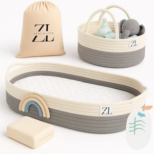 Baby Changing Basket Gift Set – 05 Pieces Includes Diaper Caddy Organizer, Soft Blanket, Cotton Storage Bag & Waterproof Pad – 5 Essential Newborn Items, Boho Baby Changing Pad, Nursery Gift