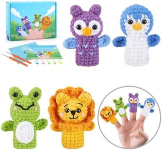 Crochet Kit for Beginners - 4 PCS Finger Puppets Crochet Kit with Step-by-Step Video Tutorials, Beginner Crochet Kit for Adults, Crochet Animal Kit for Kids, Owl, Lion, Penguin, Frog Crocheting Set