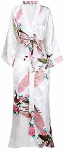 BABEYOND Women's Kimono Robe Long Robes with Peacock and Blossoms Printed 1920s Kimono Nightgown (White)