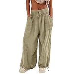 Womens Baggy Casual Cotton Linen Work Utility Pants Loose Straight Wide Leg Lounge Cinch Bottom Jogger Sweatpants Harem Trousers Elastic Waist Pull On Paper Bag Cargo Pants with Pockets Khaki