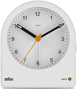 Braun Classic Analogue Alarm Clock with Snooze and Continuous Backlight, Quiet Quartz Movement, Crescendo Beep Alarm in White, Model BC22W.